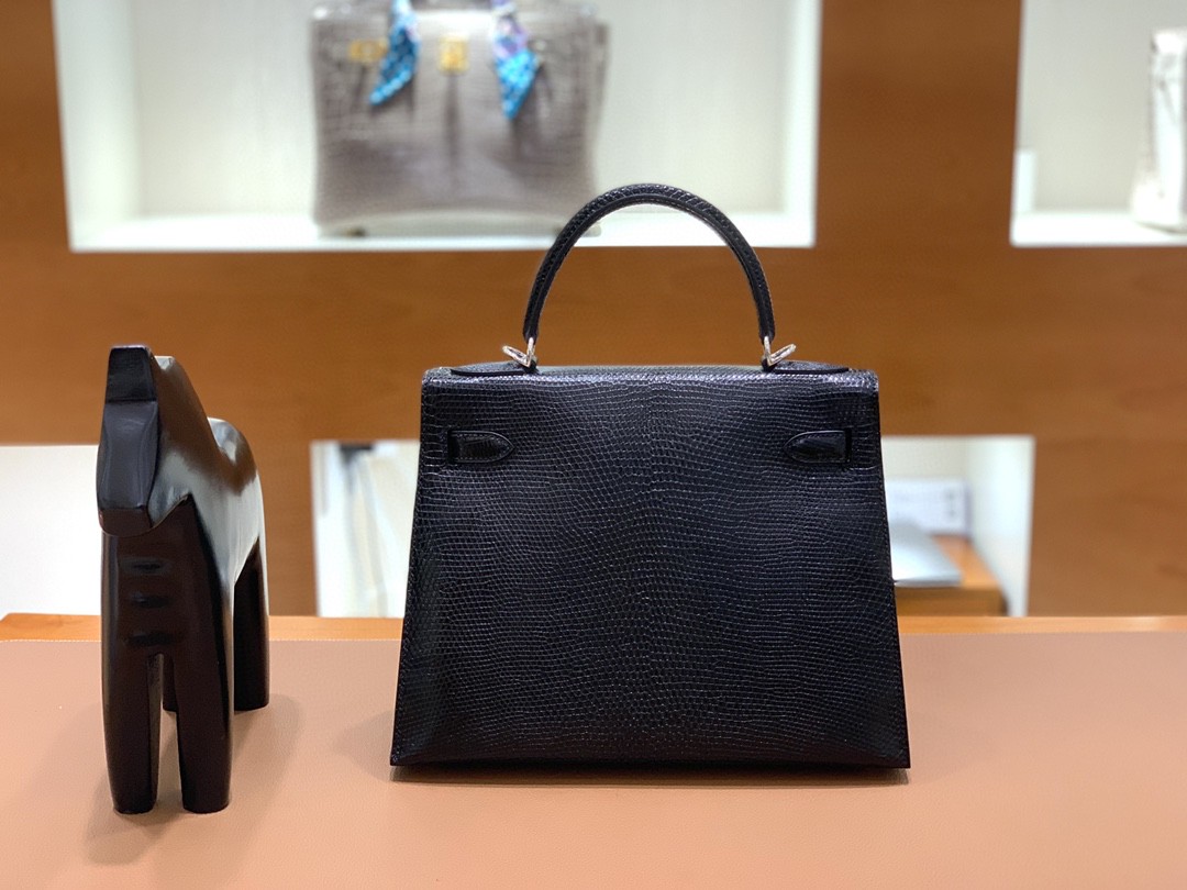 Hermès（爱马仕）Kelly 凯莉包 蜥蜴皮 黑色 银扣 28cm