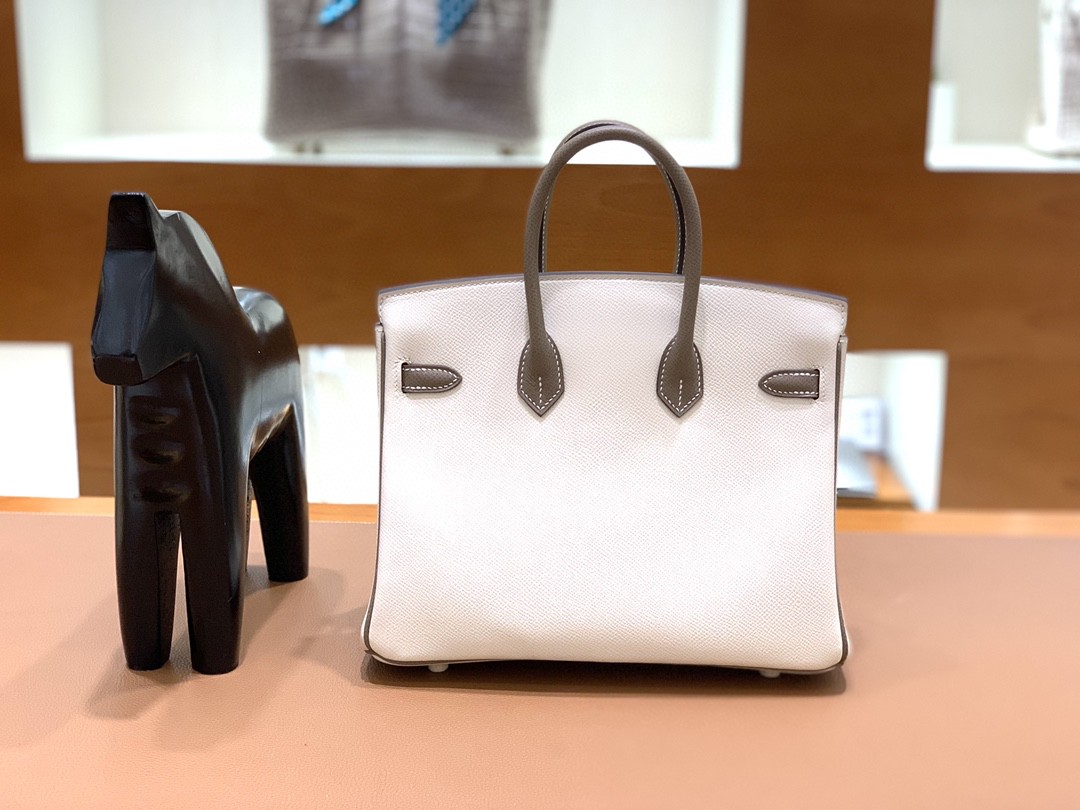 Hermès（爱马仕）Birkin 铂金包 Epsom 奶昔白拼大象灰 金扣 25CM