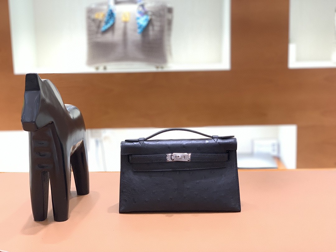 Hermès（爱马仕）mini Kelly 迷你凯莉 鸵鸟皮 黑色 银扣 22