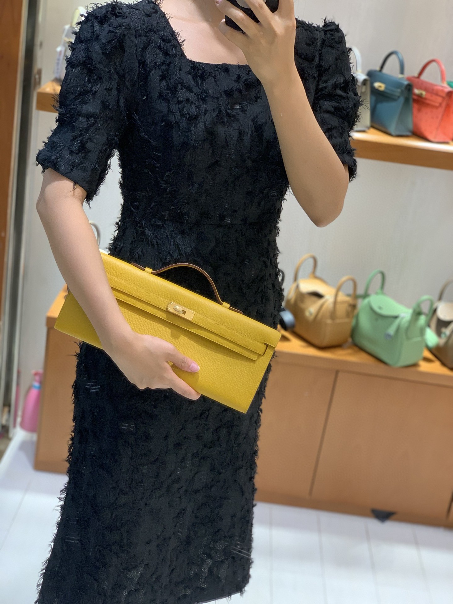 Hermès（爱马仕）miniKelly cut 琥珀黄 epsom皮 31cm 金扣