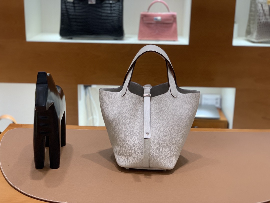 Hermès（爱马仕）Picotin 菜篮包 TC拼Swift 奶油白拼橙色 银扣 18cm