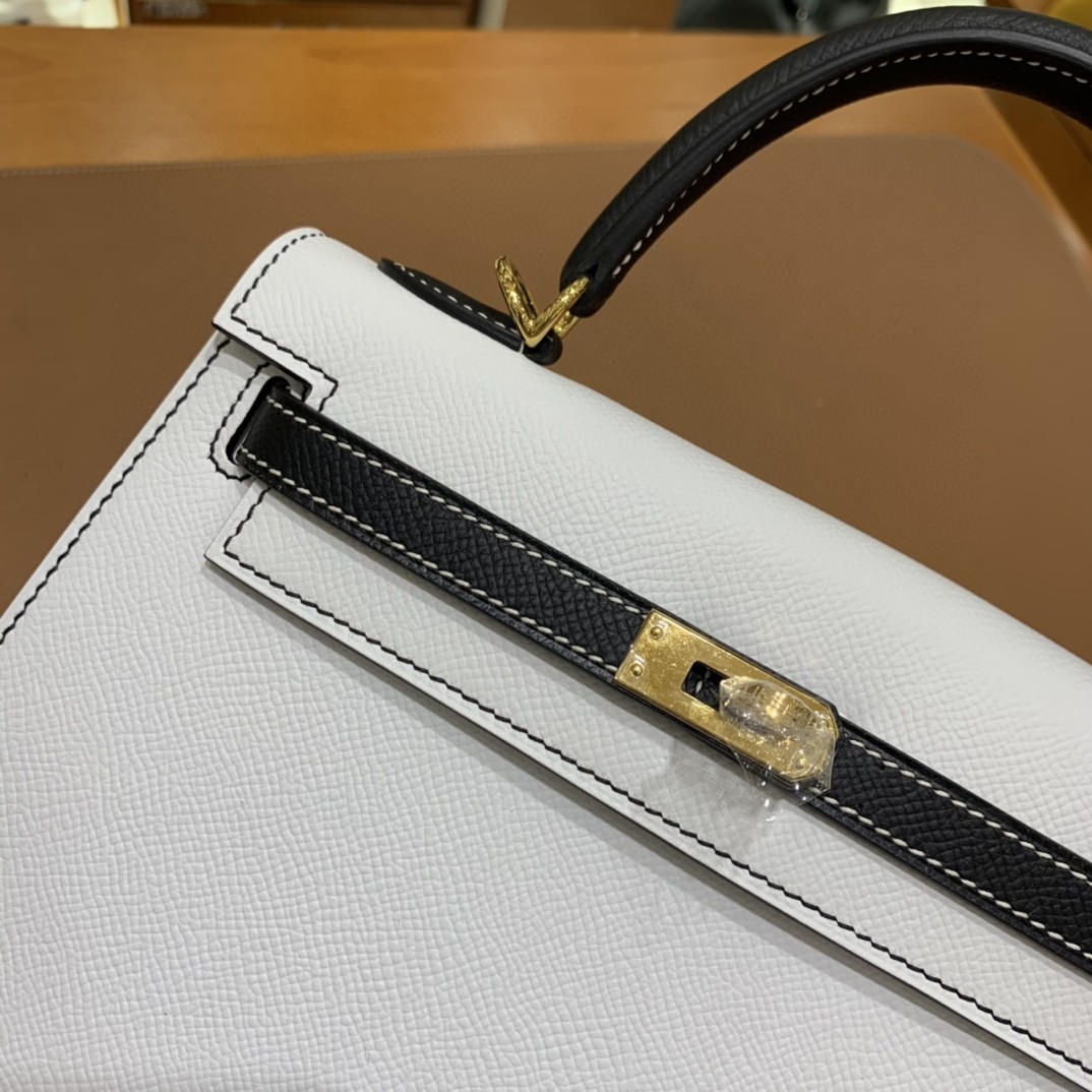 Hermès（爱马仕） Kelly 凯莉包 epsom 黑色拼纯白 金扣 反色线 25cm