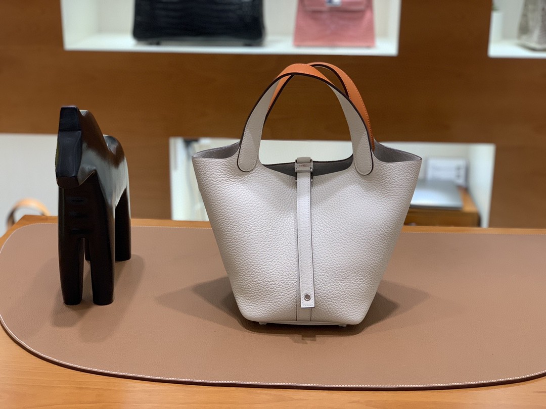Hermès（爱马仕）Picotin 菜篮包 TC拼Swift 奶油白拼橙色 银扣 18cm