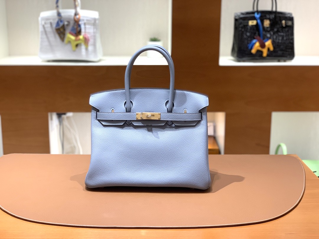 Hermès（爱马仕）Birkin 铂金包 Togo 亚麻蓝 金扣 30cm