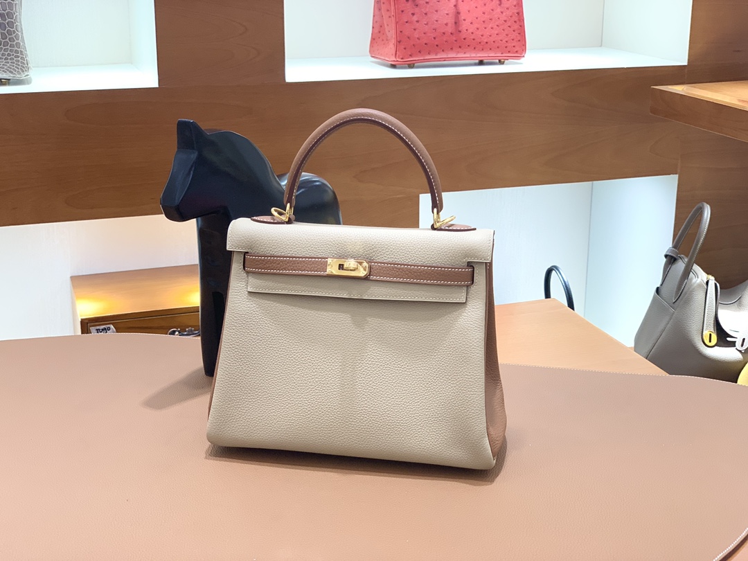 Hermès（爱马仕）Kelly 凯莉包 Togo 风衣灰 拼 金棕色 金扣 25cm