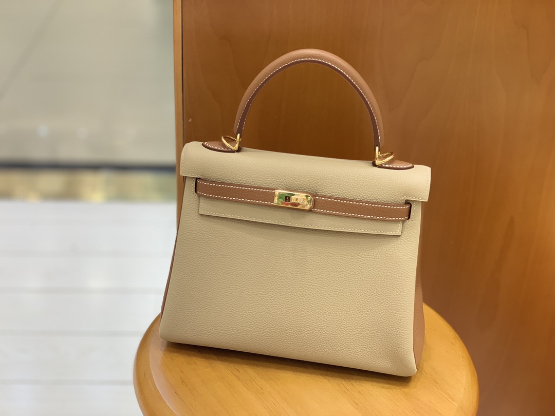 Hermès（爱马仕）Kelly 凯莉包 Togo 风衣灰 拼 金棕色 金扣 25cm
