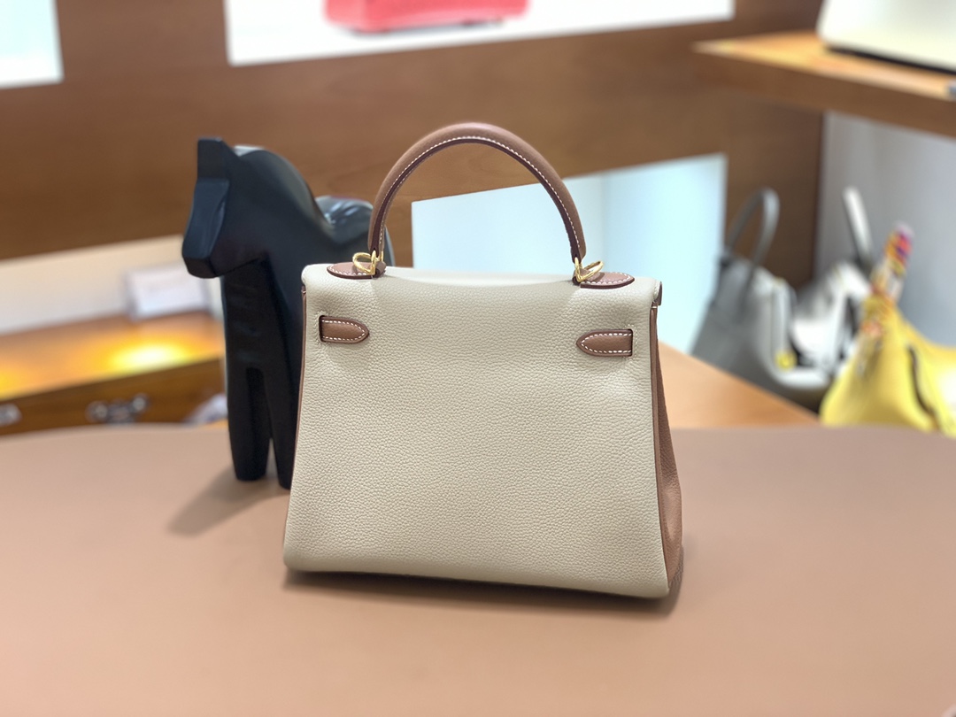 Hermès（爱马仕）Kelly 凯莉包 Togo 风衣灰 拼 金棕色 金扣 25cm