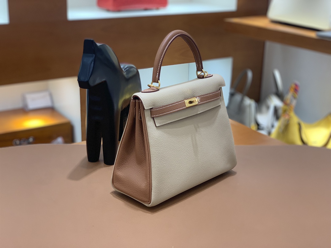 Hermès（爱马仕）Kelly 凯莉包 Togo 风衣灰 拼 金棕色 金扣 25cm