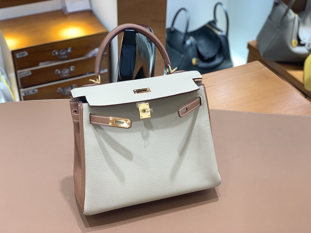 Hermès（爱马仕）Kelly 凯莉包 Togo 风衣灰 拼 金棕色 金扣 25cm