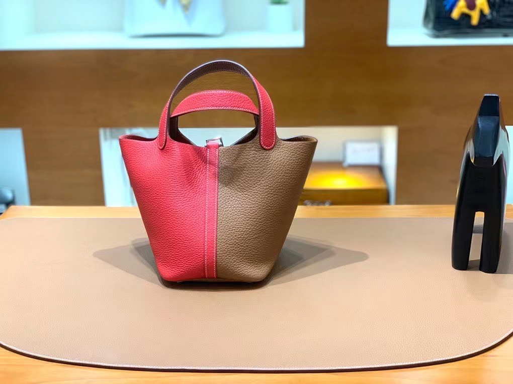 Hermès（爱马仕）Picotin 菜篮子 TC皮 金棕色 拼 心红色 银扣 18cm