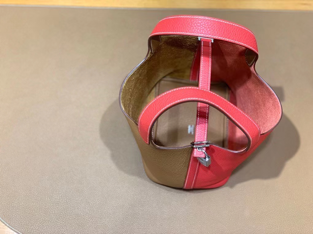 Hermès（爱马仕）Picotin 菜篮子 TC皮 金棕色 拼 心红色 银扣 18cm