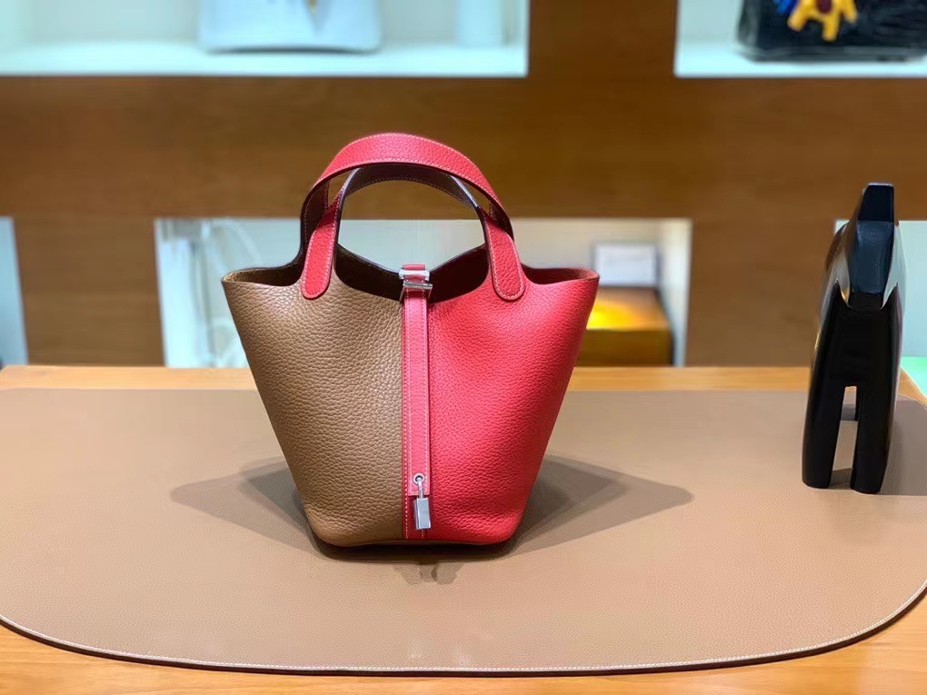 Hermès（爱马仕）Picotin 菜篮子 TC皮 金棕色 拼 心红色 银扣 18cm