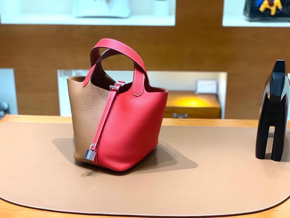 Hermès（爱马仕）Picotin 菜篮子 TC皮 金棕色 拼 心红色 银扣 18cm