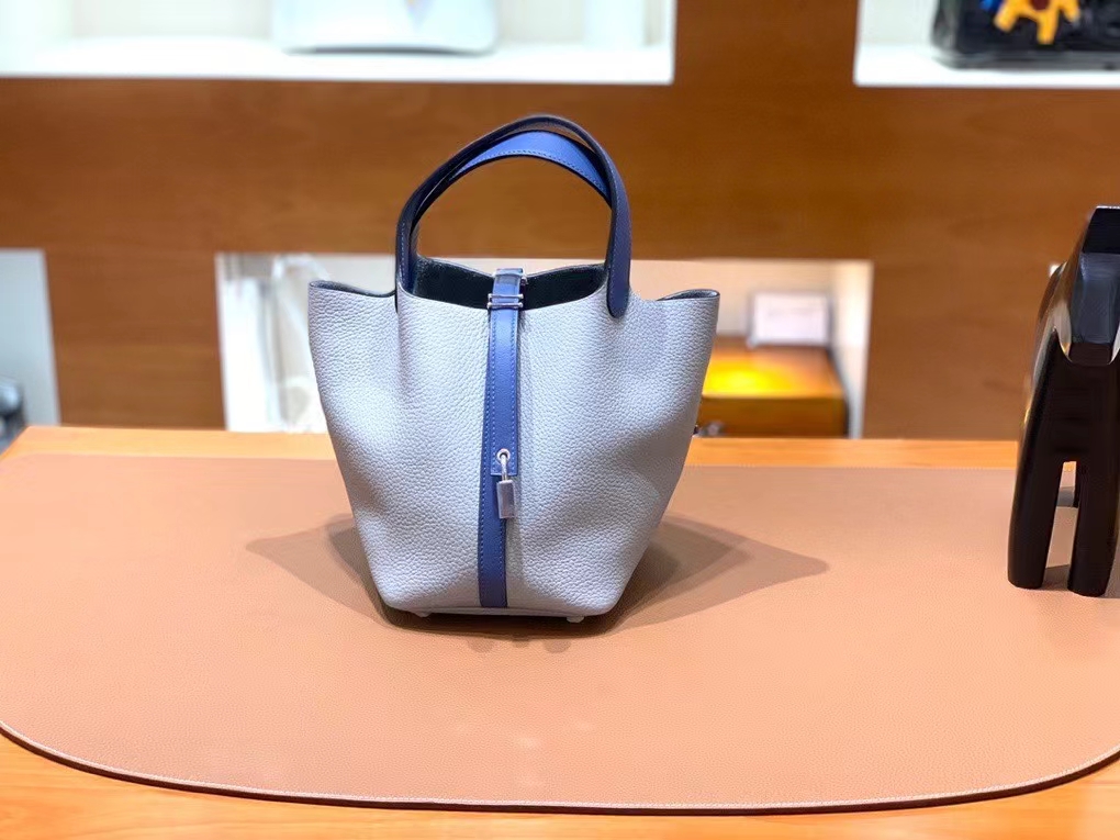 Hermès（爱马仕）Picotin 菜篮子 海鸥灰 拼 玛瑙蓝 TC 拼 swift 银扣 18cm