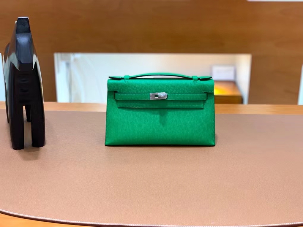Hermès（爱马仕） mini Kelly Pochette Epsom 竹子绿 银扣 22cm