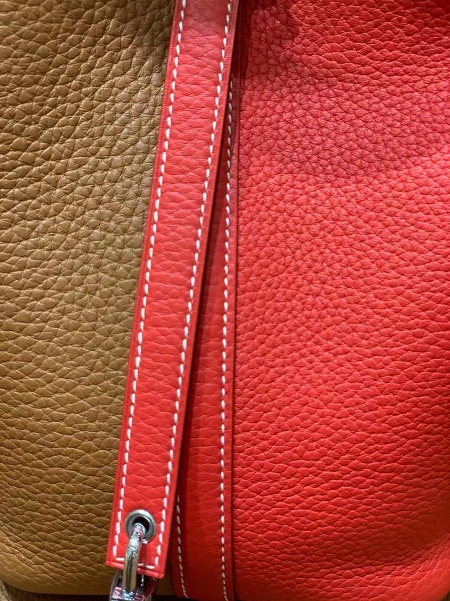 Hermès（爱马仕）Picotin 菜篮子 TC皮 金棕色 拼 心红色 银扣 18cm