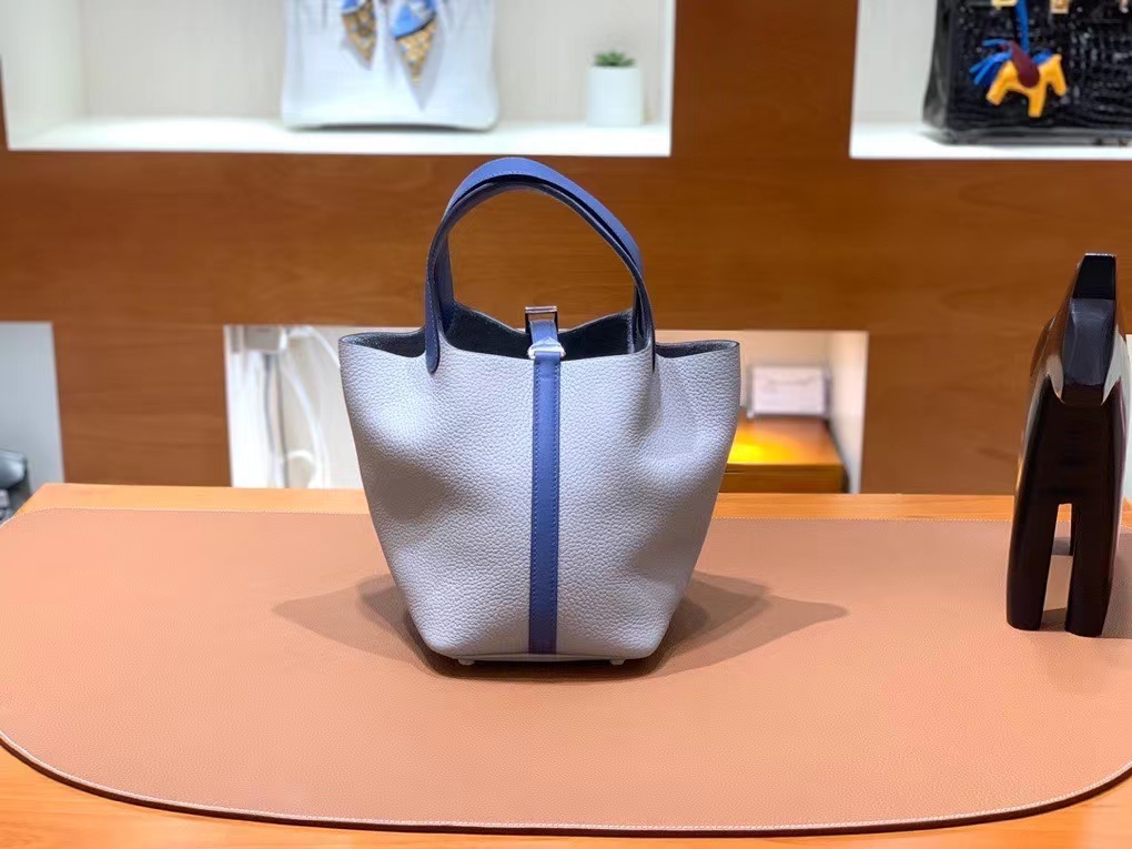 Hermès（爱马仕）Picotin 菜篮子 海鸥灰 拼 玛瑙蓝 TC 拼 swift 银扣 18cm