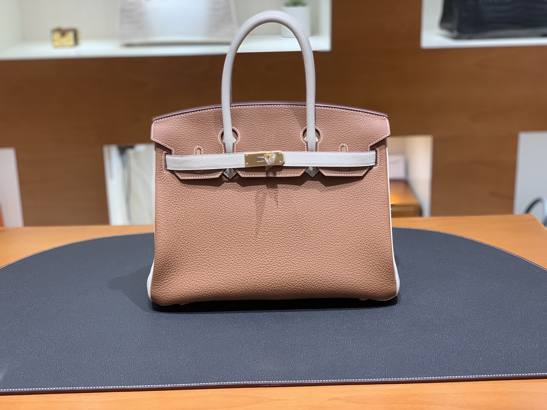 Hermès（爱马仕）Birkin 铂金包 Togo 金棕色 拼 奶昔白 金扣 30cm