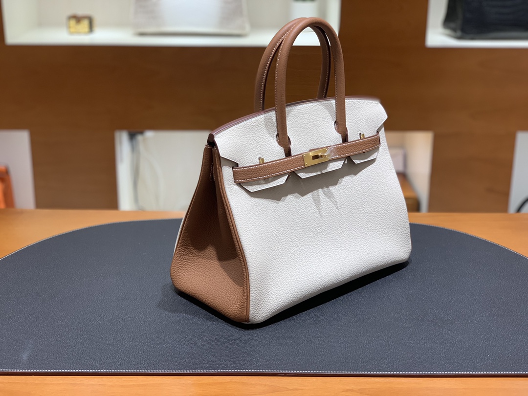 Hermès（爱马仕）Birkin 铂金包 Togo 奶昔白 拼 金棕色 金扣 30cm