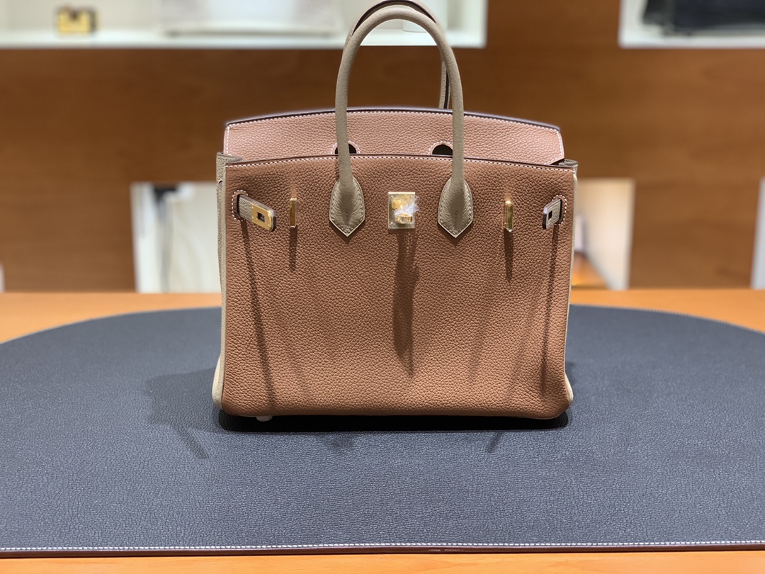 Hermès（爱马仕）Birkin 铂金包 Togo 金棕色 拼 风衣灰 金扣 25cm