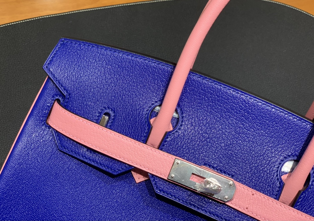 Hermès（爱马仕）Birkin 铂金包 山羊皮 7T 电关蓝 拼 3Q樱花粉 银扣 30cm