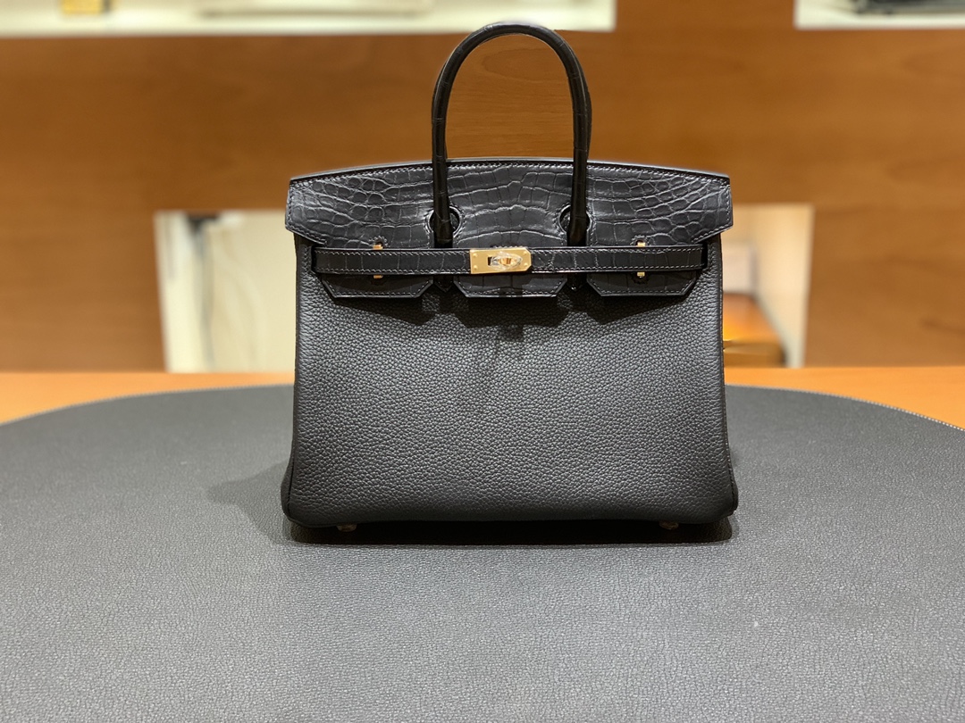 Hermès（爱马仕）Birkin Touch 黑色 Togo 拼 鳄鱼 金扣 25cm