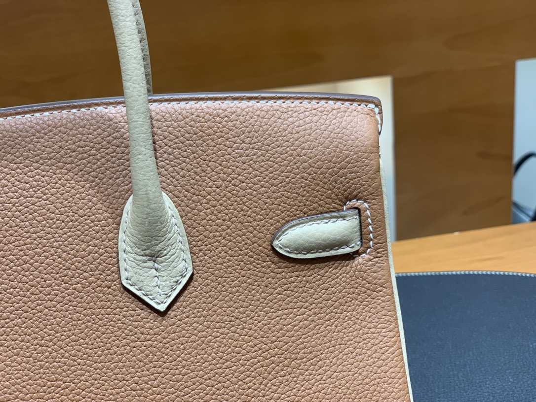 Hermès（爱马仕）Birkin 铂金包 Togo 金棕色 拼 风衣灰 金扣 25cm