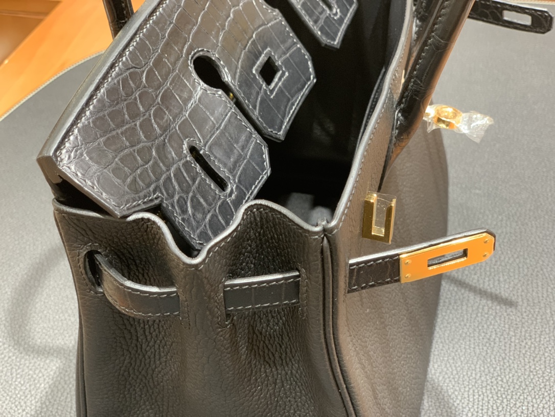Hermès（爱马仕）Birkin Touch 黑色 Togo 拼 鳄鱼 金扣 25cm