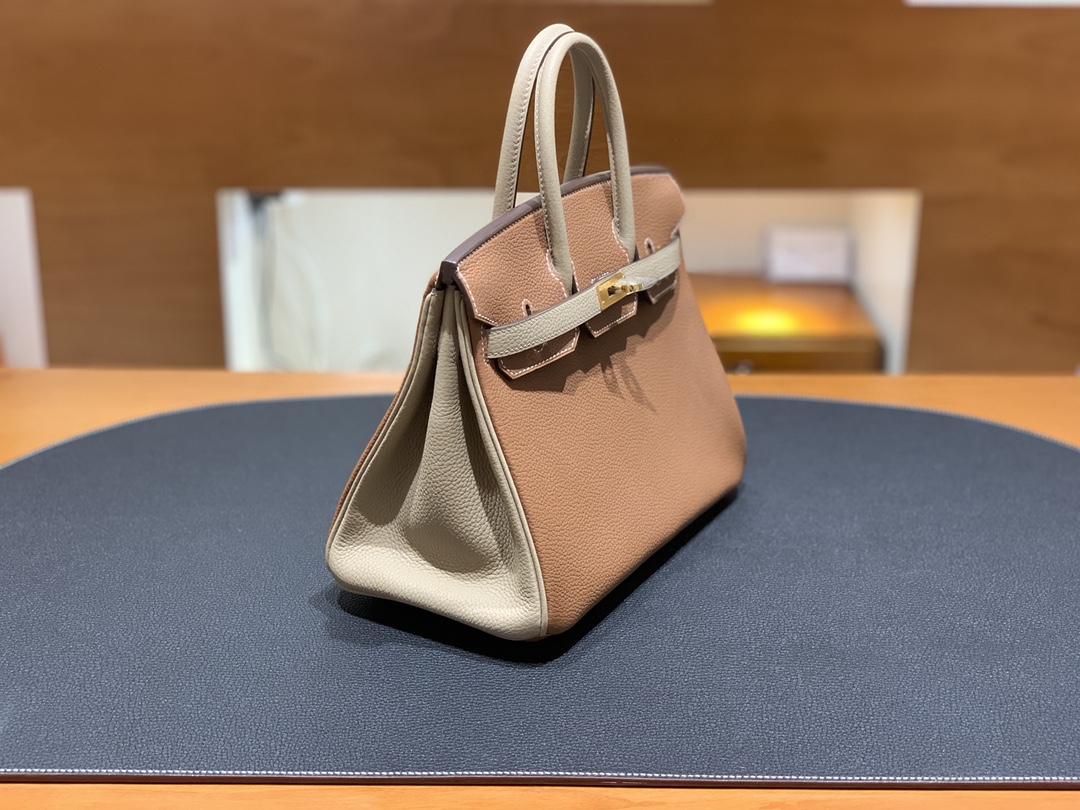 Hermès（爱马仕）Birkin 铂金包 Togo 金棕色 拼 风衣灰 金扣 25cm