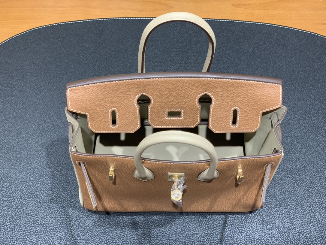 Hermès（爱马仕）Birkin 铂金包 Togo 金棕色 拼 风衣灰 金扣 25cm