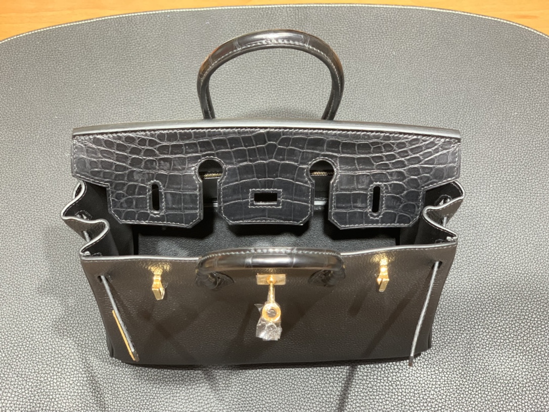 Hermès（爱马仕）Birkin Touch 黑色 Togo 拼 鳄鱼 金扣 25cm