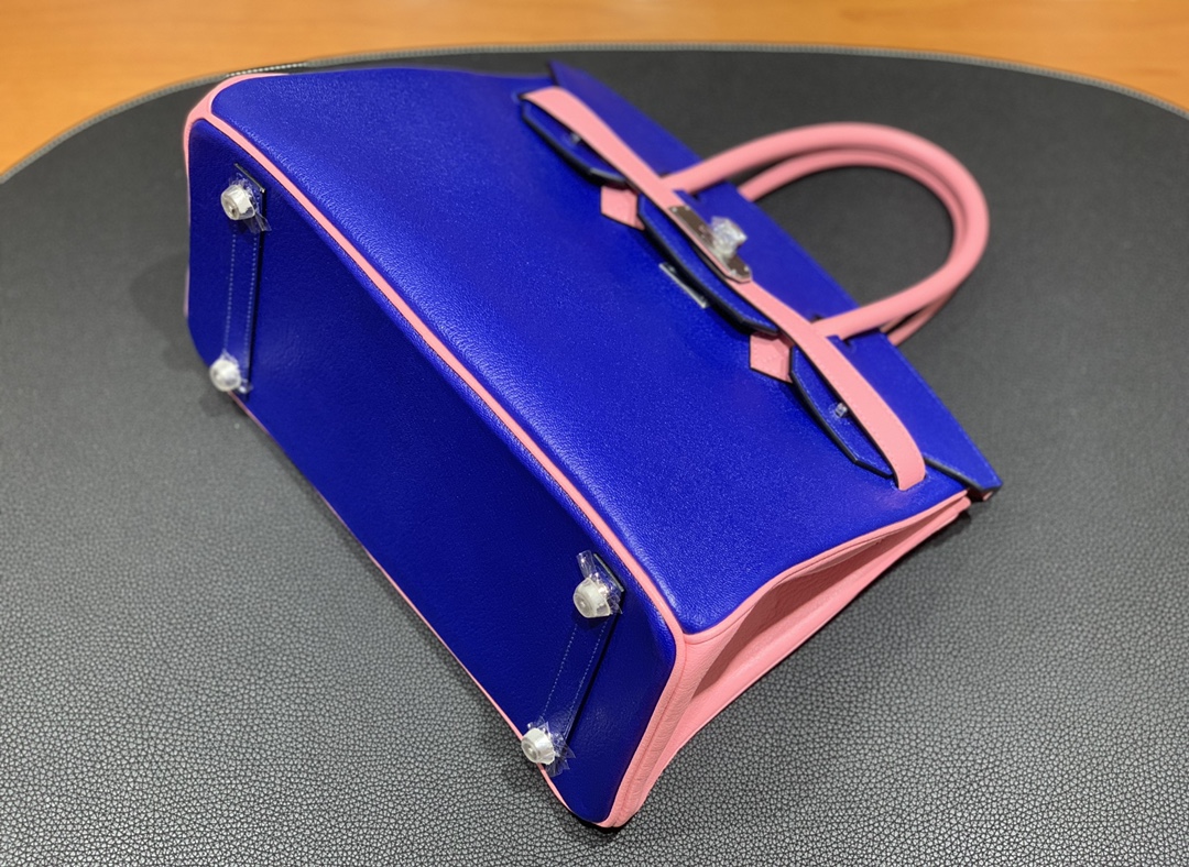 Hermès（爱马仕）Birkin 铂金包 山羊皮 7T 电关蓝 拼 3Q樱花粉 银扣 30cm