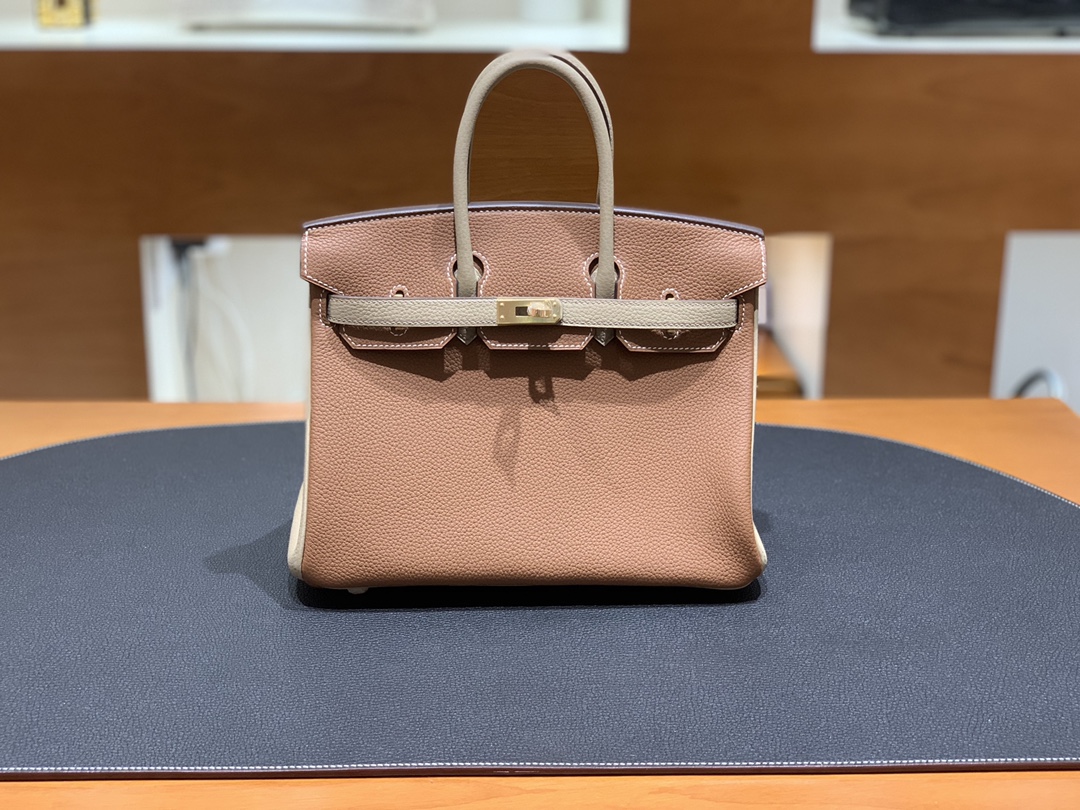 Hermès（爱马仕）Birkin 铂金包 Togo 金棕色 拼 风衣灰 金扣 25cm