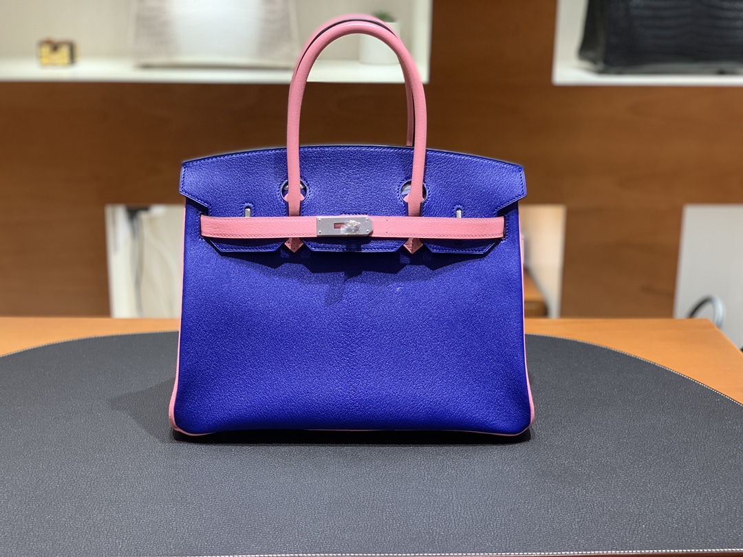 Hermès（爱马仕）Birkin 铂金包 山羊皮 7T 电关蓝 拼 3Q樱花粉 银扣 30cm