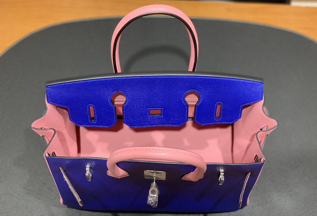 Hermès（爱马仕）Birkin 铂金包 山羊皮 7T 电关蓝 拼 3Q樱花粉 银扣 30cm