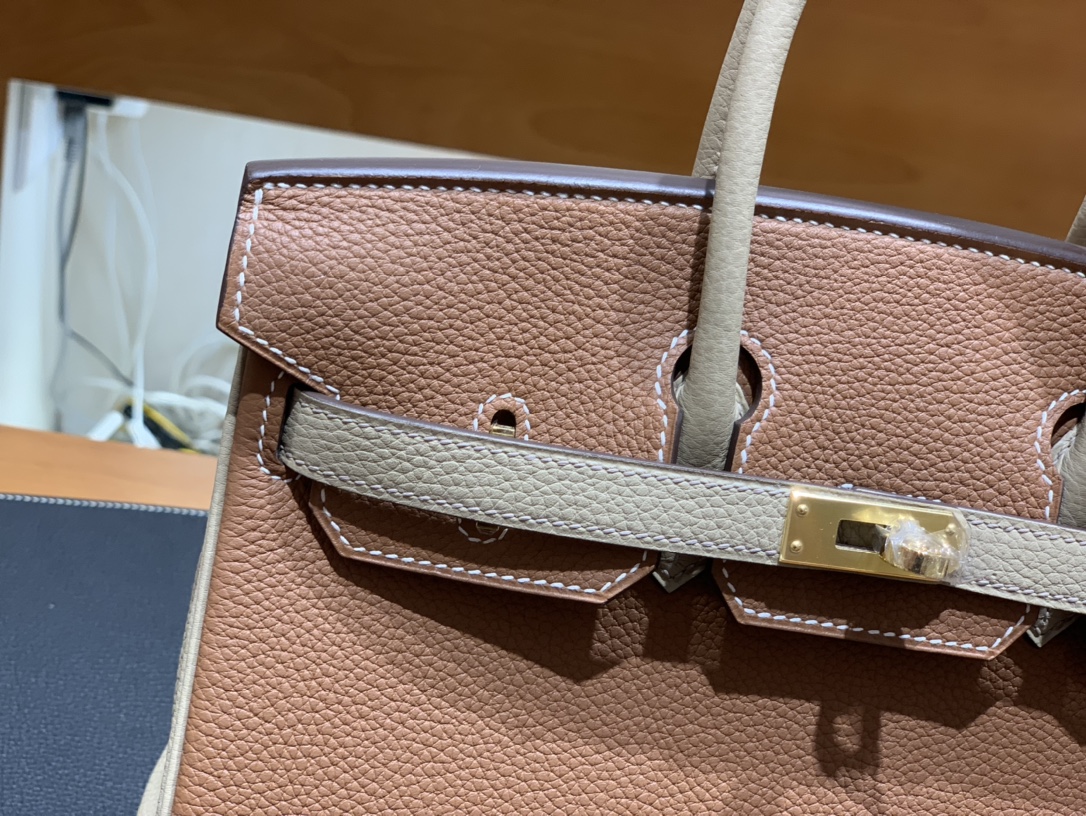 Hermès（爱马仕）Birkin 铂金包 Togo 金棕色 拼 风衣灰 金扣 25cm