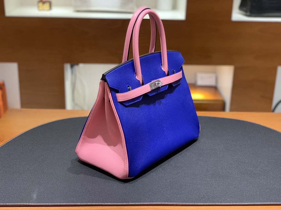Hermès（爱马仕）Birkin 铂金包 山羊皮 7T 电关蓝 拼 3Q樱花粉 银扣 30cm