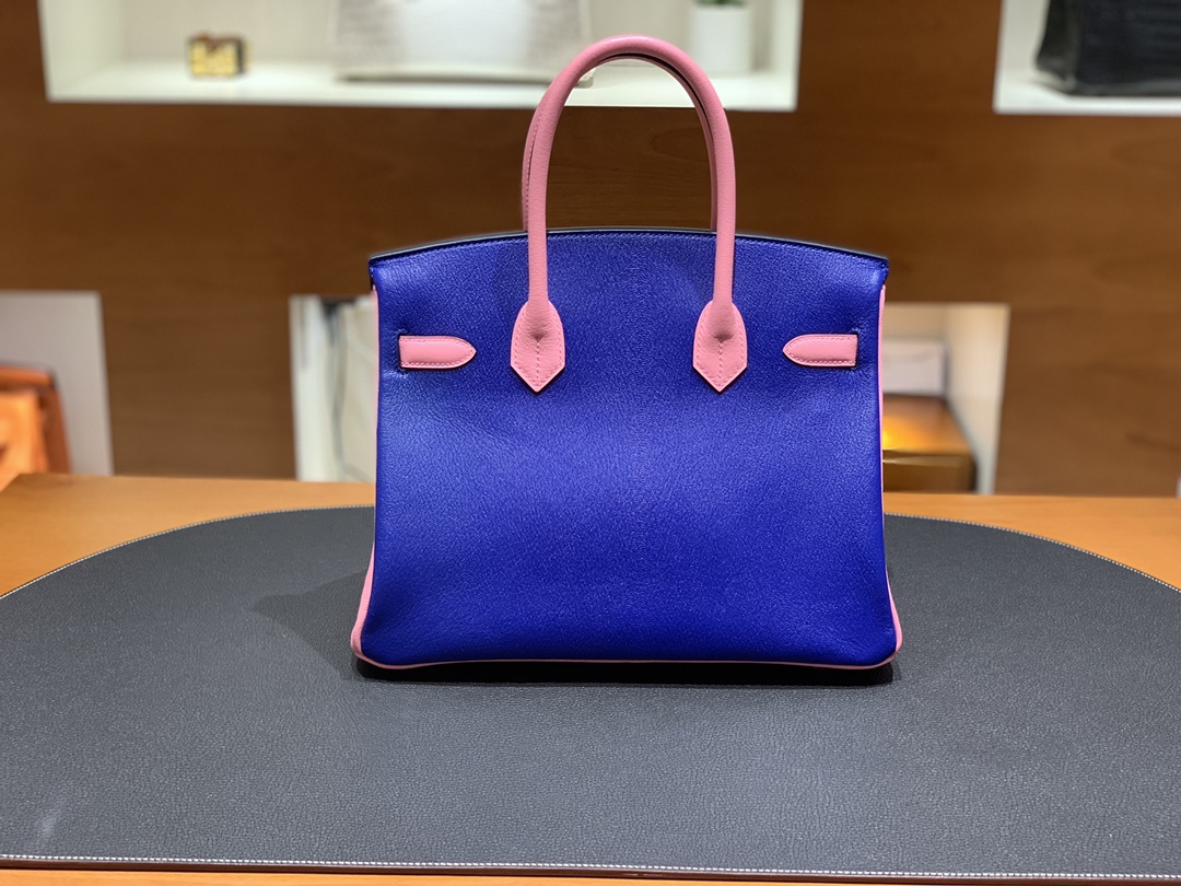 Hermès（爱马仕）Birkin 铂金包 山羊皮 7T 电关蓝 拼 3Q樱花粉 银扣 30cm