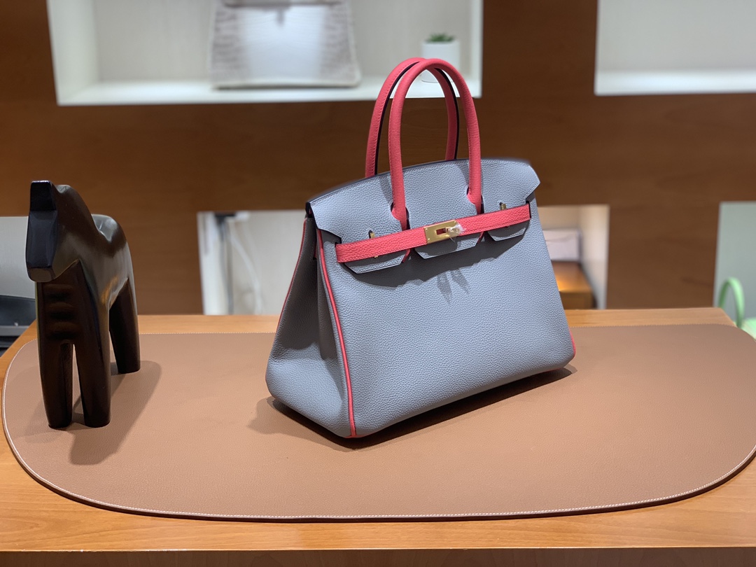 Hermès（爱马仕）Birkin 铂金包 Togo 海鸥灰 拼 唇膏粉 金扣 30cm