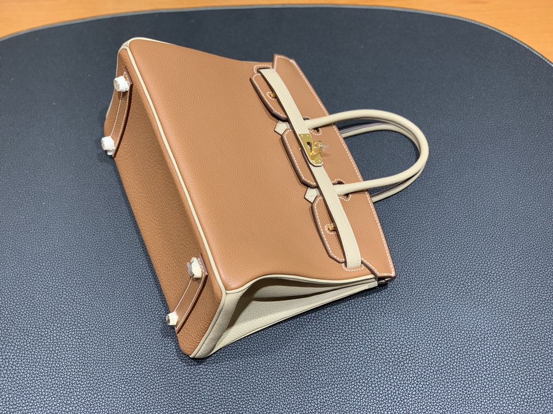 Hermès（爱马仕）Birkin 铂金包 Togo 金棕色 拼 风衣灰 金扣 25cm