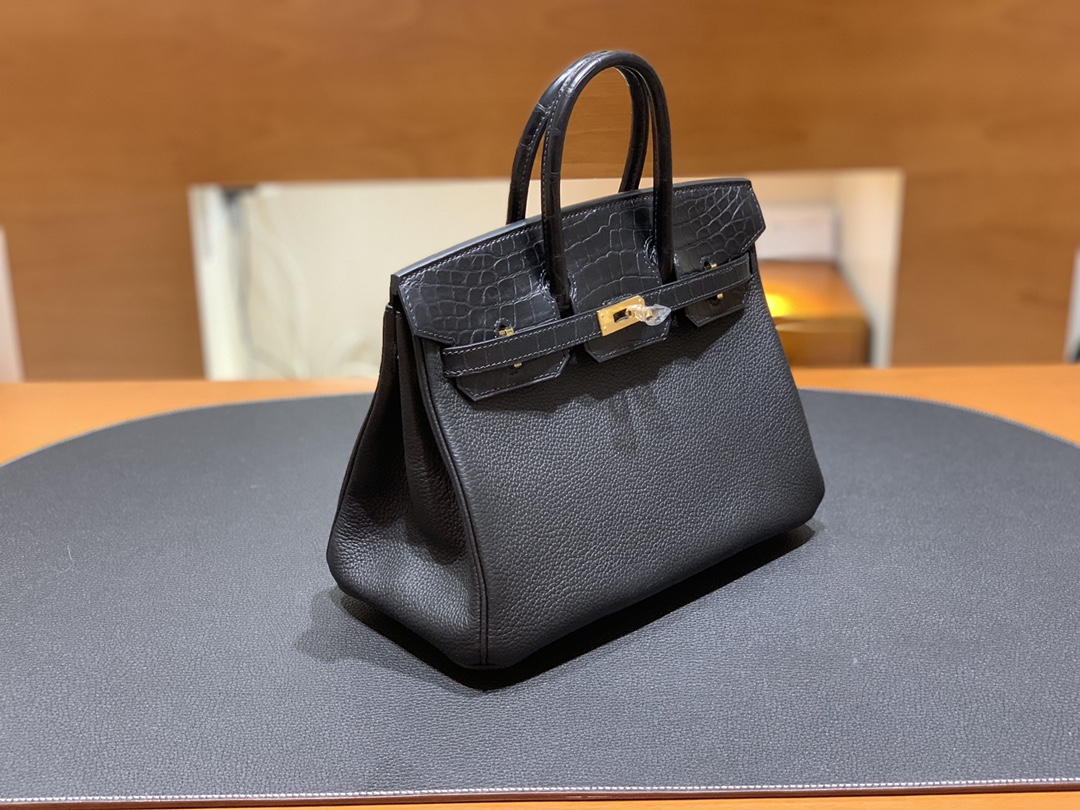 Hermès（爱马仕）Birkin Touch 黑色 Togo 拼 鳄鱼 金扣 25cm