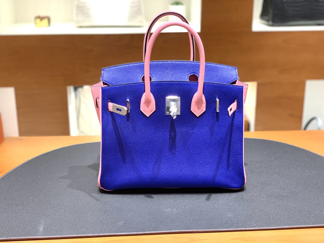 Hermès（爱马仕）Birkin 铂金包 山羊皮 7T 电关蓝 拼 3Q樱花粉 银扣 30cm
