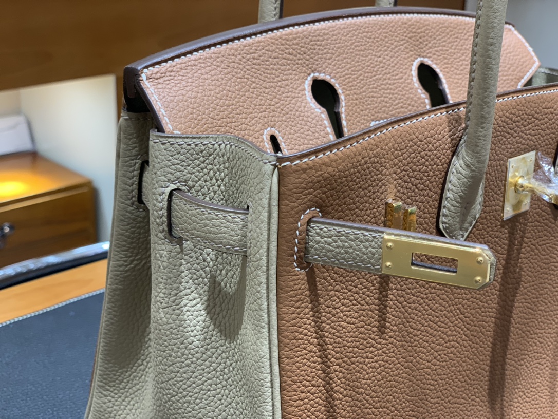 Hermès（爱马仕）Birkin 铂金包 Togo 金棕色 拼 风衣灰 金扣 25cm