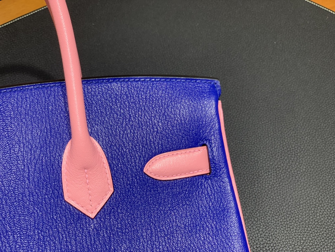Hermès（爱马仕）Birkin 铂金包 山羊皮 7T 电关蓝 拼 3Q樱花粉 银扣 30cm