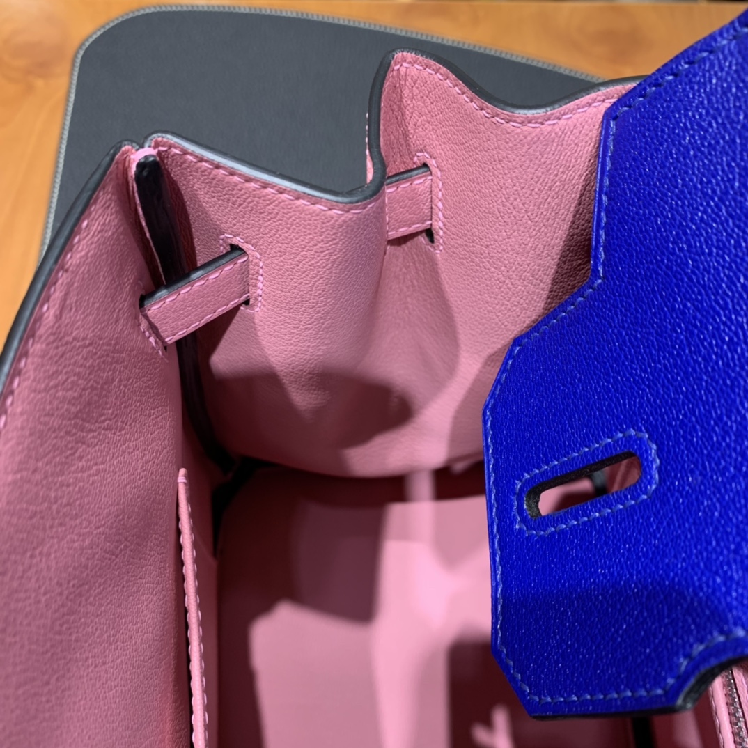 Hermès（爱马仕）Birkin 铂金包 山羊皮 7T 电关蓝 拼 3Q樱花粉 银扣 30cm