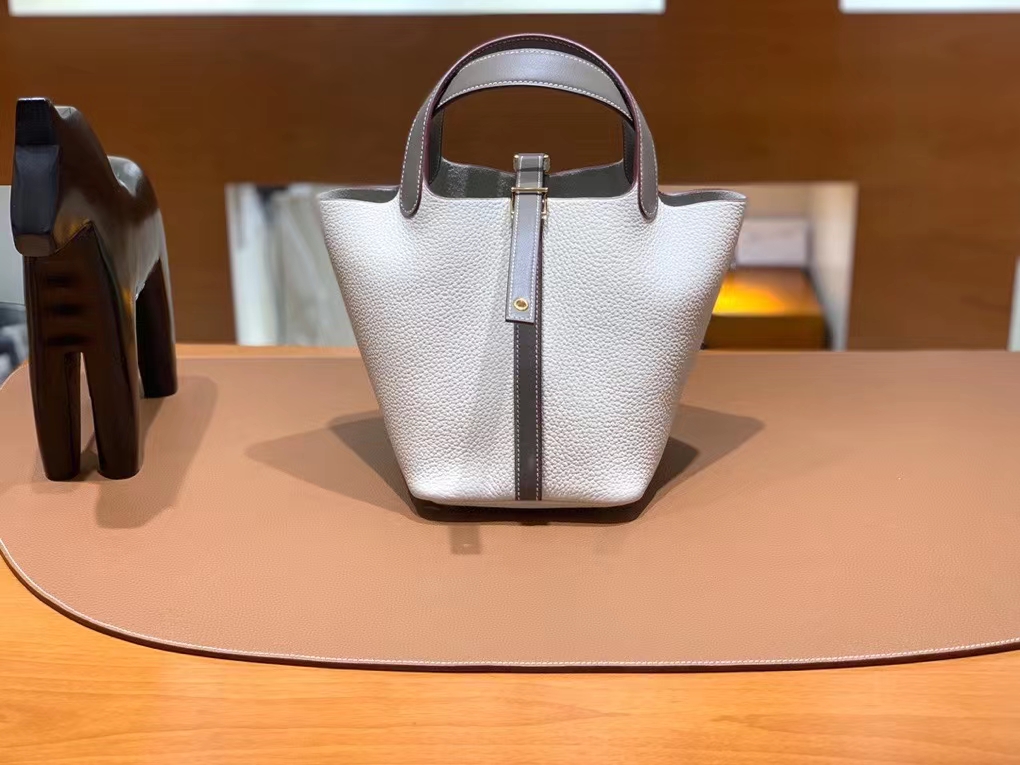 Hermès（爱马仕）Picotin 菜篮子 Swift 拼 TC 大象灰 拼 奶昔白 银扣 18cm