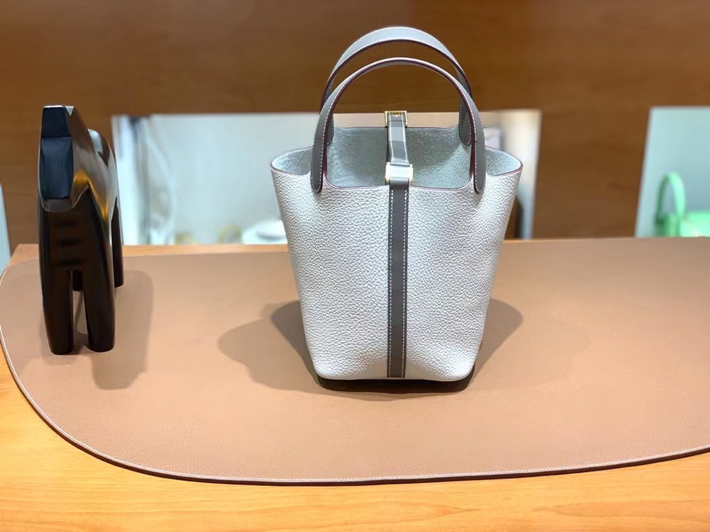 Hermès（爱马仕）Picotin 菜篮子 Swift 拼 TC 大象灰 拼 奶昔白 银扣 18cm