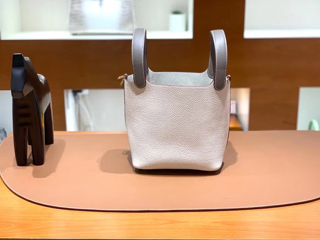 Hermès（爱马仕）Picotin 菜篮子 Swift 拼 TC 大象灰 拼 奶昔白 银扣 18cm