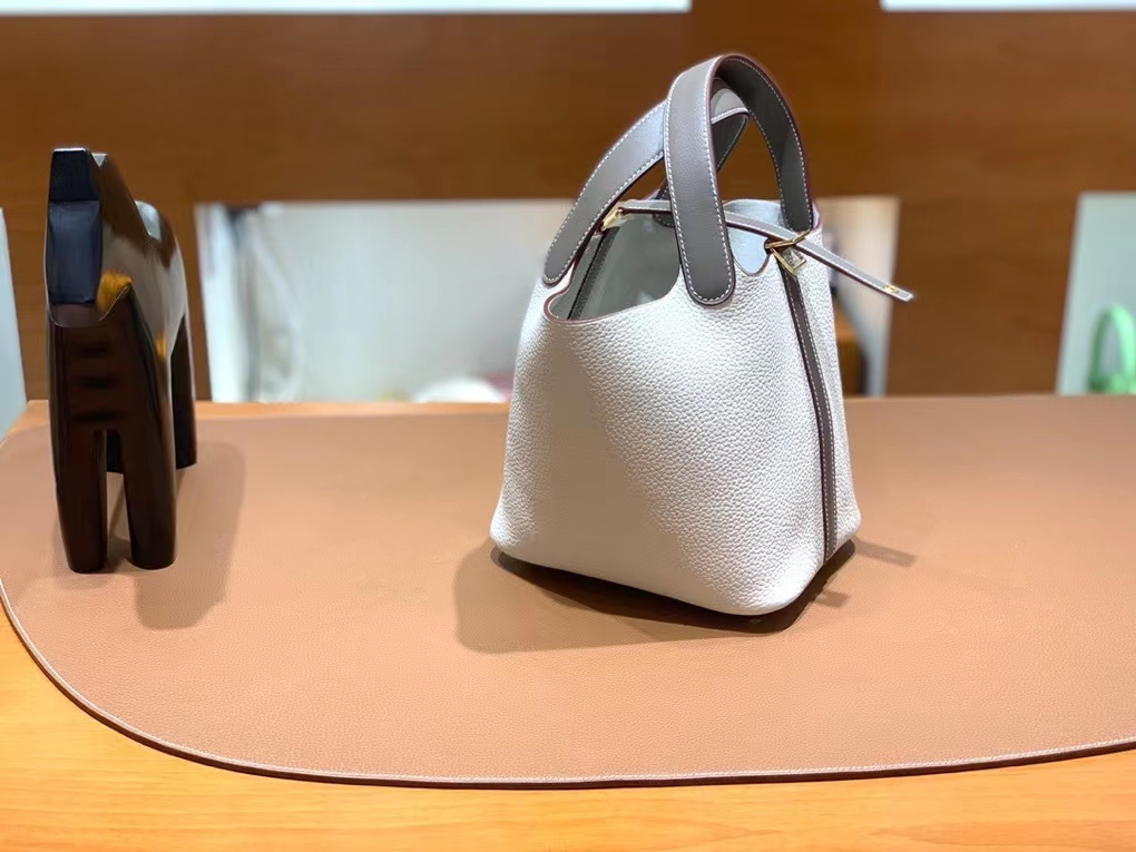 Hermès（爱马仕）Picotin 菜篮子 Swift 拼 TC 大象灰 拼 奶昔白 银扣 18cm