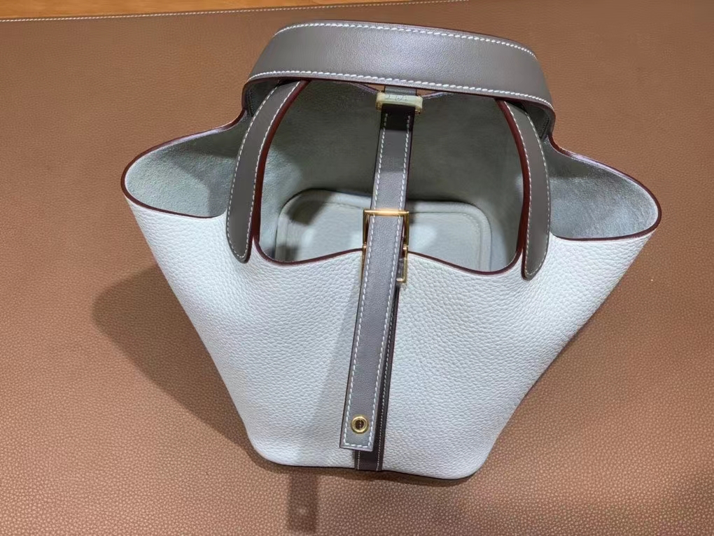 Hermès（爱马仕）Picotin 菜篮子 Swift 拼 TC 大象灰 拼 奶昔白 银扣 18cm